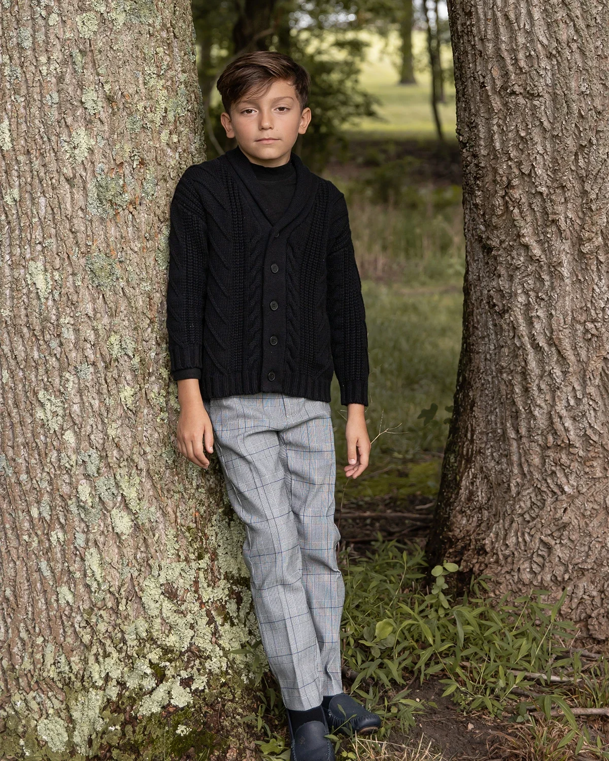 AP Cableknit Chunky Cardigan Boys and Girls Sweater High Quality 2024 Fall Baby Stretched Plaid Pants Overalls, #7707