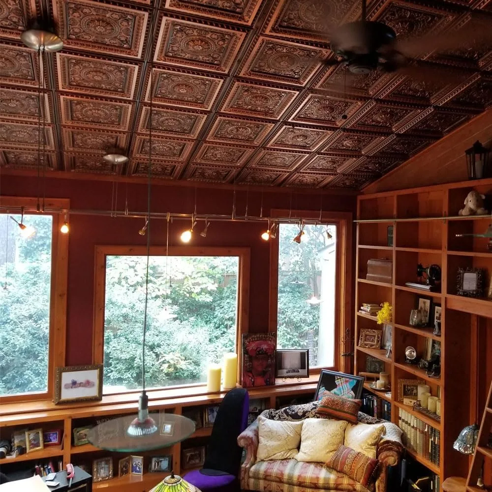 إلى جميل في ساعات 223 La Scala PVC 2 × 2 بوصة بلاط سقف قابل للغراء أو وضعها، عبوة من 10 قطع، نحاس عتيق، 10 قطع