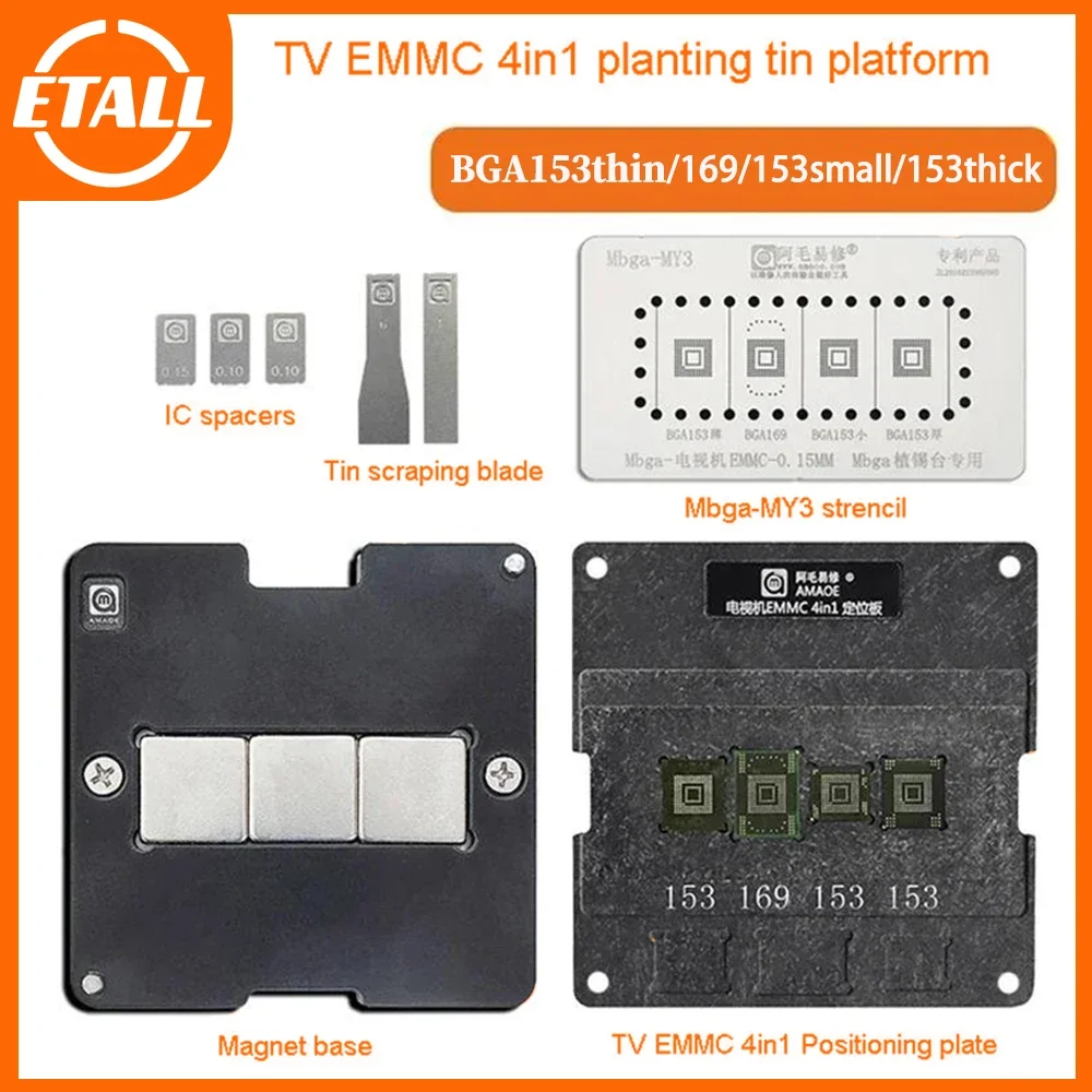Amaoe TV EMMC 4 w 1 Reballing Stencil Jig Platform BGA153 BGA169 Narzędzia naprawcze z płytą lokalizacyjną Mbga-MY3 Magnetyczna podstawa