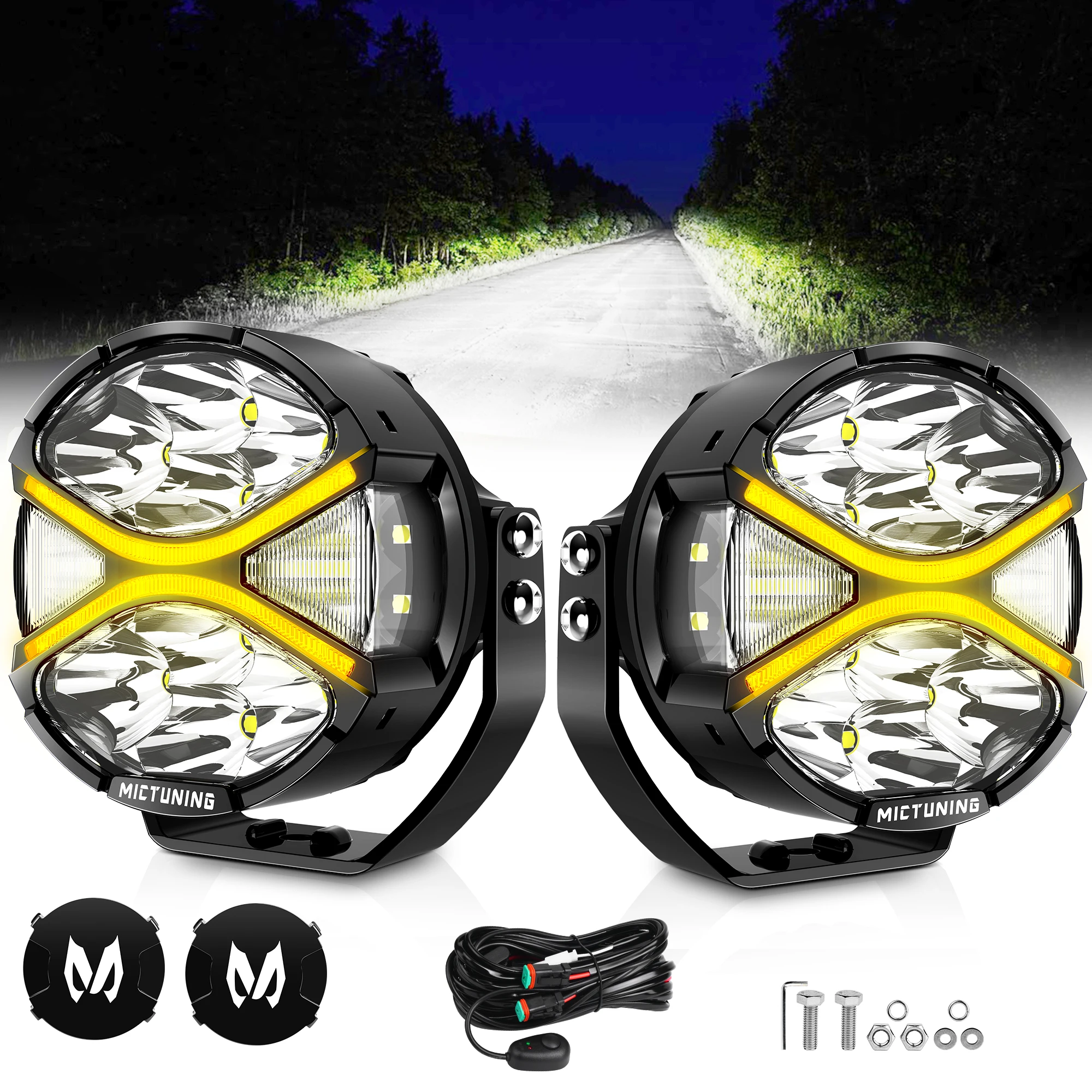 

MICTUNING 2PCS LED Round Light Pods 4",DRL Amber Turn Signal,IP68 Waterproof Auxiliary Offroad Driving Ditch Flood Fog Lights