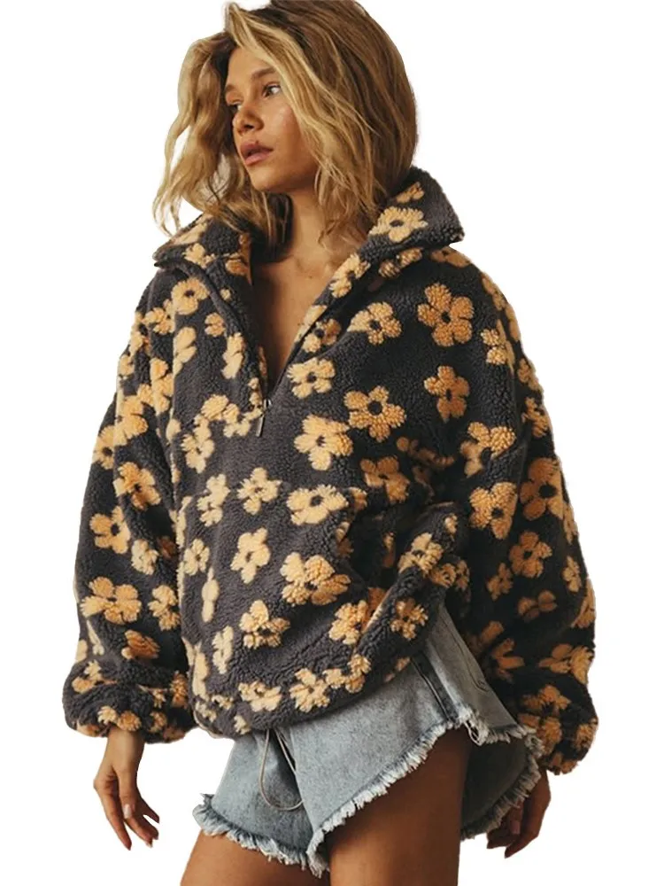 سستة نصف مفتوحة طوق هوديي للمرأة الخريف أزياء زهرة طباعة أفخم البلوز الشتاء السيدات اللون مطابقة الدافئة السترة