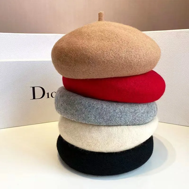 Zimowy Jesienny Wełniany Beret Damski Gruby Ciepły Tekstura 3D Retro Artysta Wyszczuplający Twarz Codzienny Modny Czapka Beanie dla Kobiet na Zewnątrz