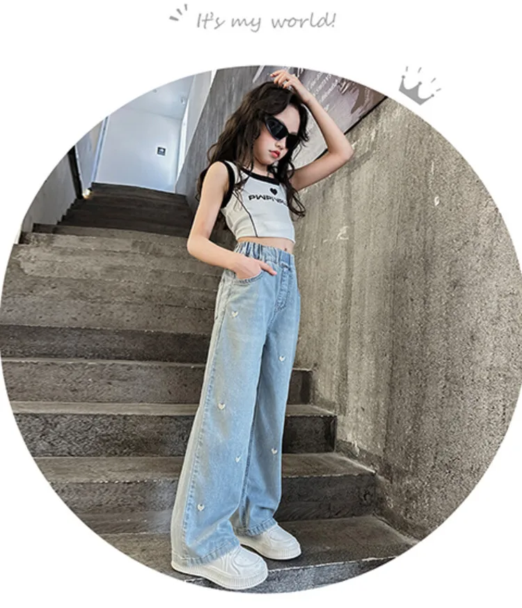 Neue Sommer-Jeans für Mädchen, leicht und atmungsaktiv, mit kleiner Herz-Stickerei, mückensichere Hose für Teenager-Mädchen im Alter von 4 bis 14 Jahren – Detail 14