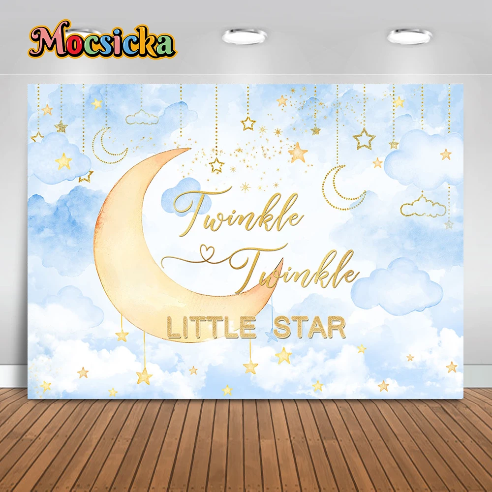Twinkle Twinkle bintang kecil fotografi bayi Shower latar belakang mainan bulan beruang bintang merah muda awan latar belakang pesta ulang tahun properti foto