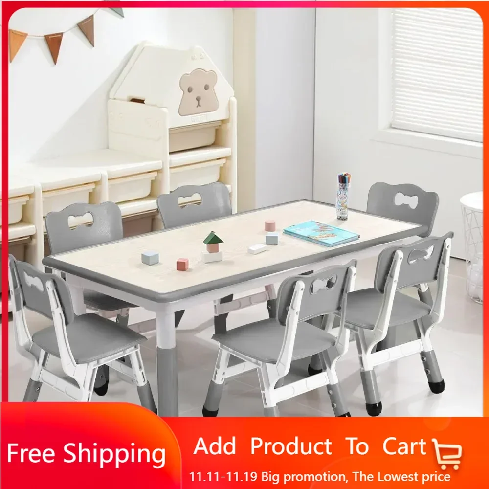 Kids Table and Chairs Set, Height Adjustable Desk With 6 Seats for Ages 2-10,Arts & Crafts Table,Graffiti Desktop