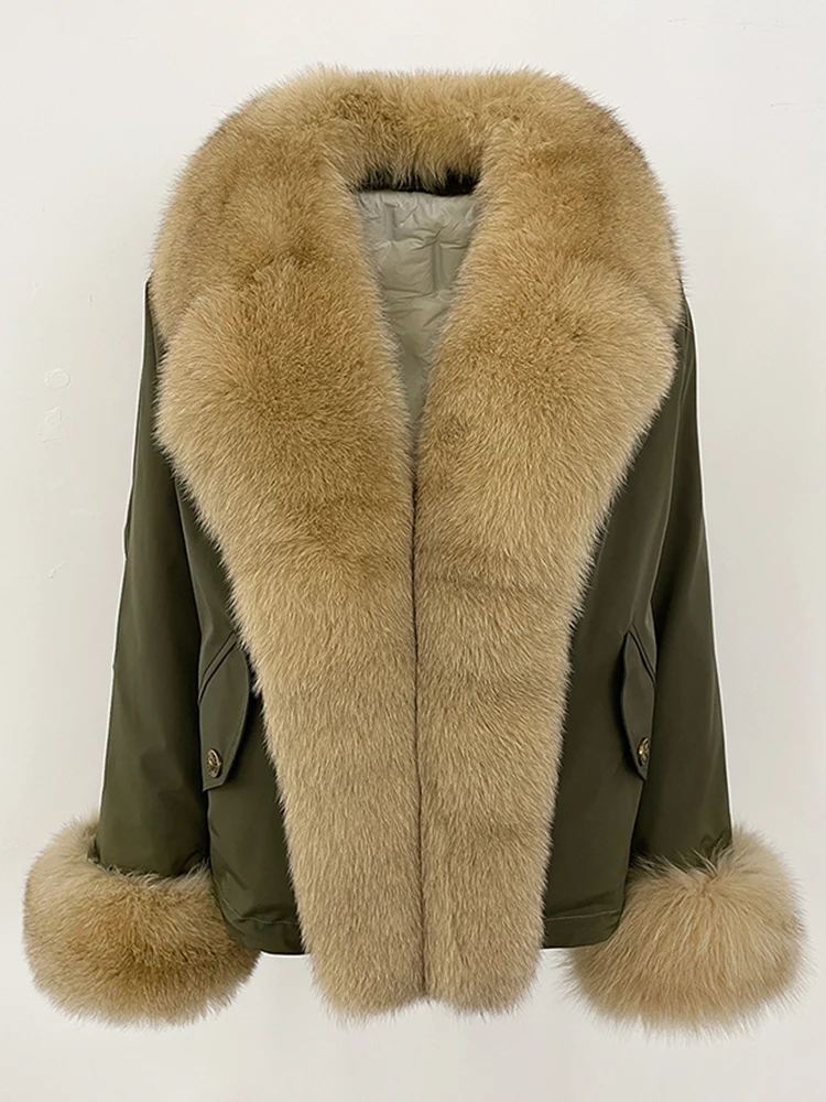 2025 여성용 따뜻한 퍼 커프스 패딩 재킷 패션 빅 리얼 폭스 퍼 칼라 다운 코트 신상 방수 가을 겨울 의류 여성용