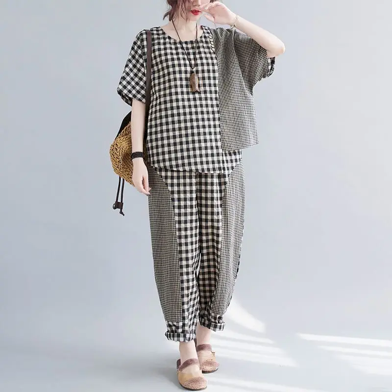 Summer Casual Suits Women Korean Style Loose Large Size Plaid Stitching T Shirt Loose Harem Pants Cotton Linen Two Piece Sets