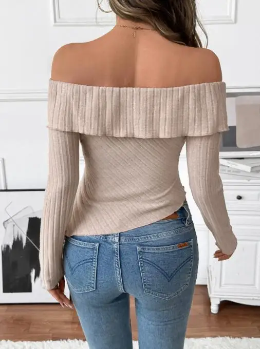 

Women's T-Shirt 2025 Autumn Latest Hot Selling New Knitted Solid Color Long Sleeve One Collar Irregular Hemp T-Shirt for Women