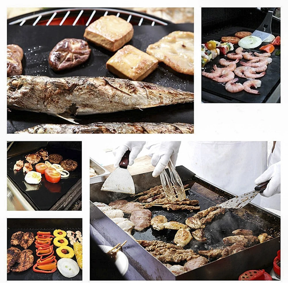 

Reusable BBQ Grill Mat Non Stick Heat Resistant Glass Fibre Baking Pad Easy Clean Dishwasher Safe Black Pan Liners For