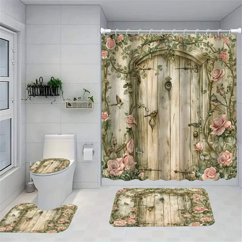 4pcs Rose Secret Garden By Print Shower Curtain Set, Decorative Bathroom Set Including Waterproof Shower