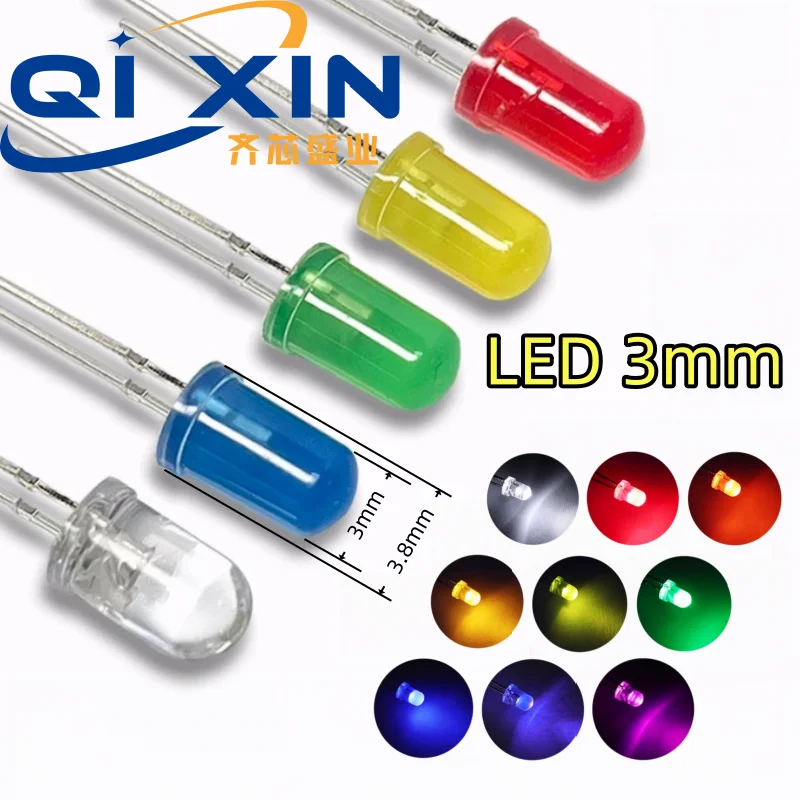 3mm F3 Through‑Hole LED Diode Assortment Kit Red Green Yellow Blue White for Electronic DIY Circuit Experiment