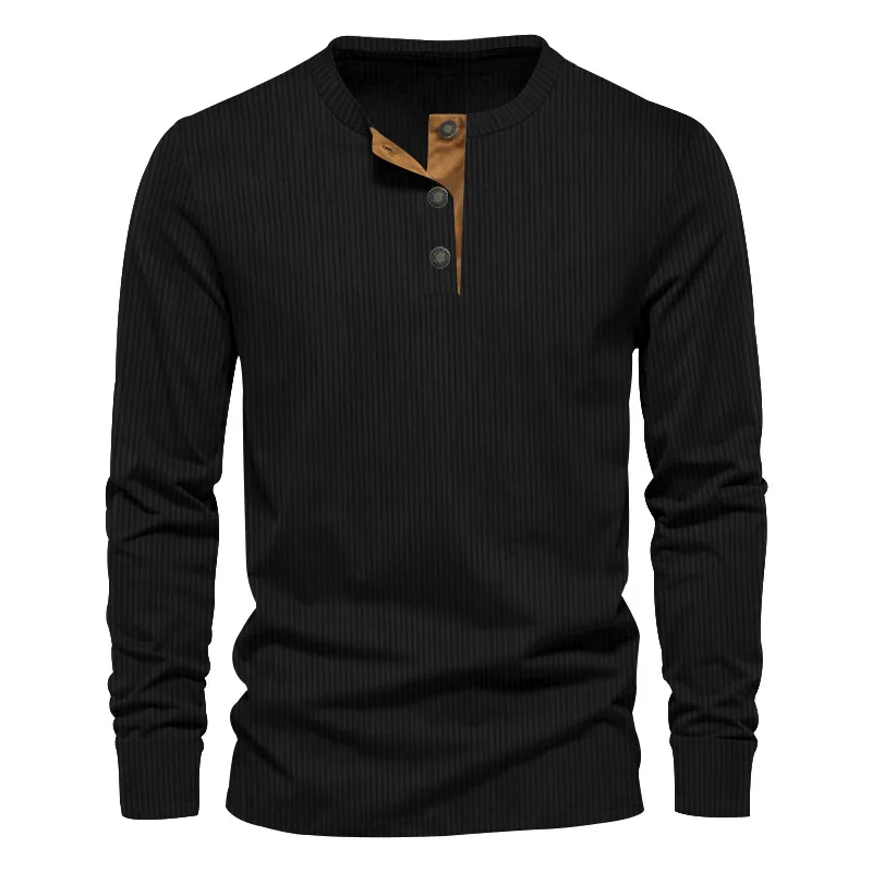 Spring and Autumn New Men's Long Sleeve T-shirt Corduroy Retro Casual Men's Clothing Slim Solid Color Long Sleeve Henley Shirt