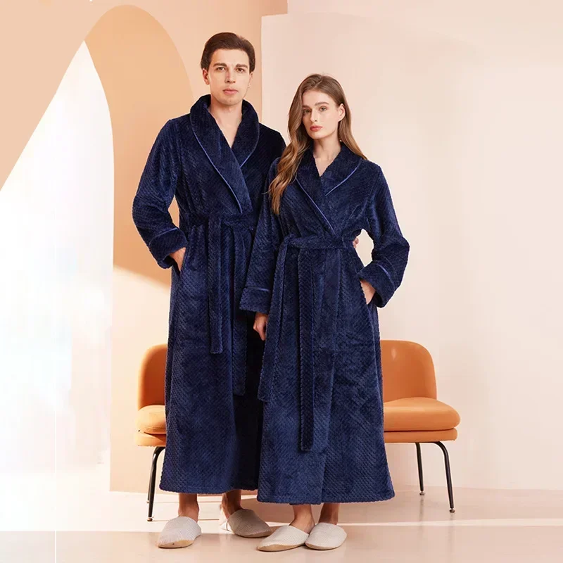 Casual Autumn and Winter New Couple Bathrobe Pajamas Fashionable Trend Men's and Women's Loose Thick Long Flannel Long Nightgown