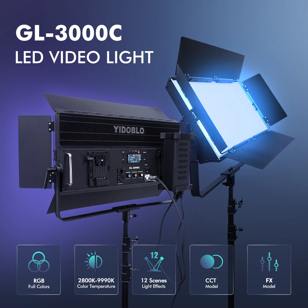 RGB Video Light GL3000C RGB Photo Studio Lighting 2800K-9990K Led Lights 300W Streaming Lamp Silent Model with Tripod