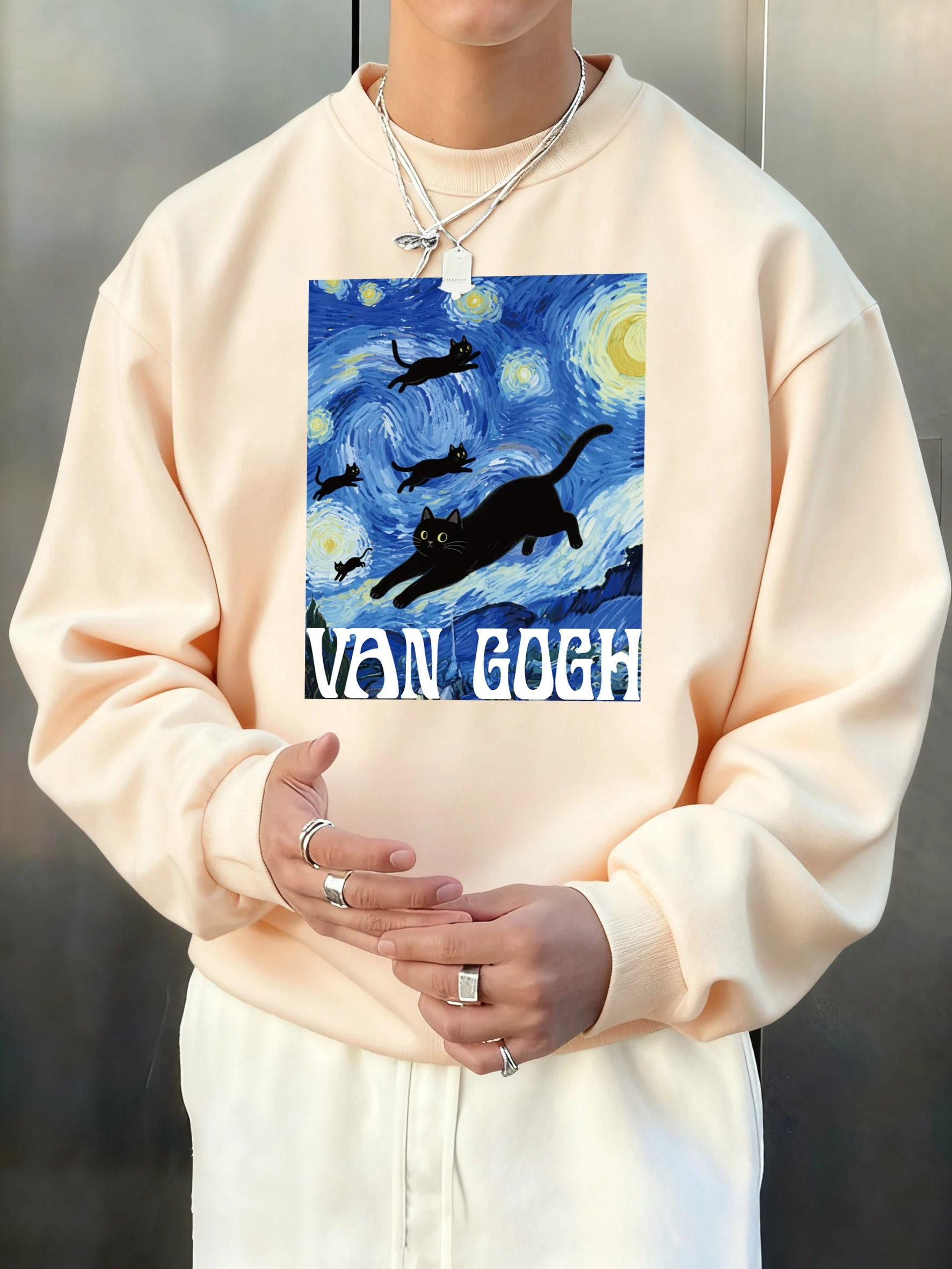 Van Gogh Kreative Ölgemälde Von Schwarzen Katze Druck Sweatshirt Männer Fleece Pullover Casual Herbst Kleidung Oansatz Lose Lange Hülse