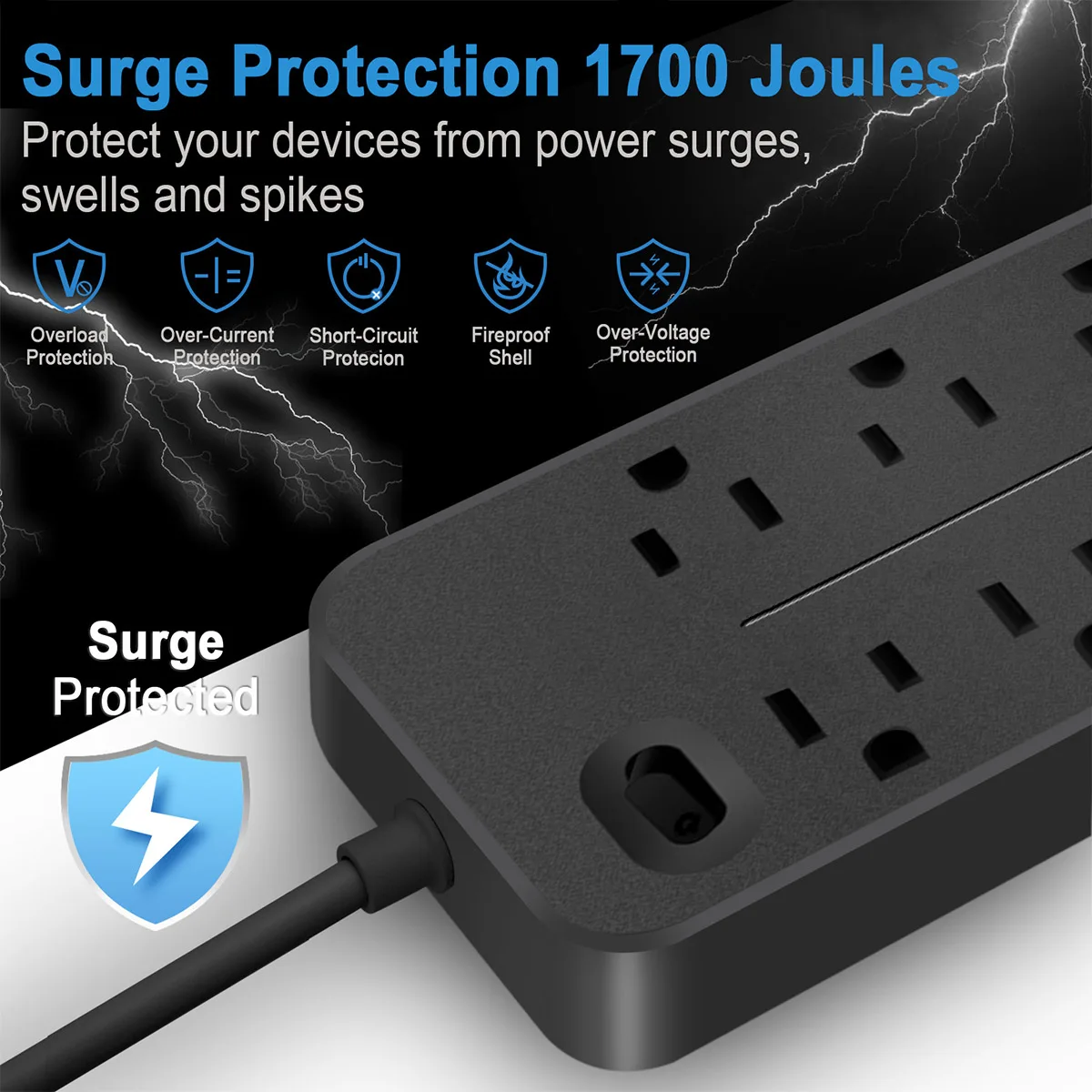 12-Port Power Strip with 8 AC Outlets 3 USB Ports & 1 Type-C Fast Charging Ports Versatile with Surge Protection