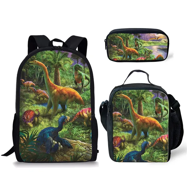 Ransel cetakan dinosaurus keren untuk anak-anak laki-laki perempuan 3 buah Set tas sekolah perlengkapan siswa remaja tas buku dengan tas pensil untuk makan siang