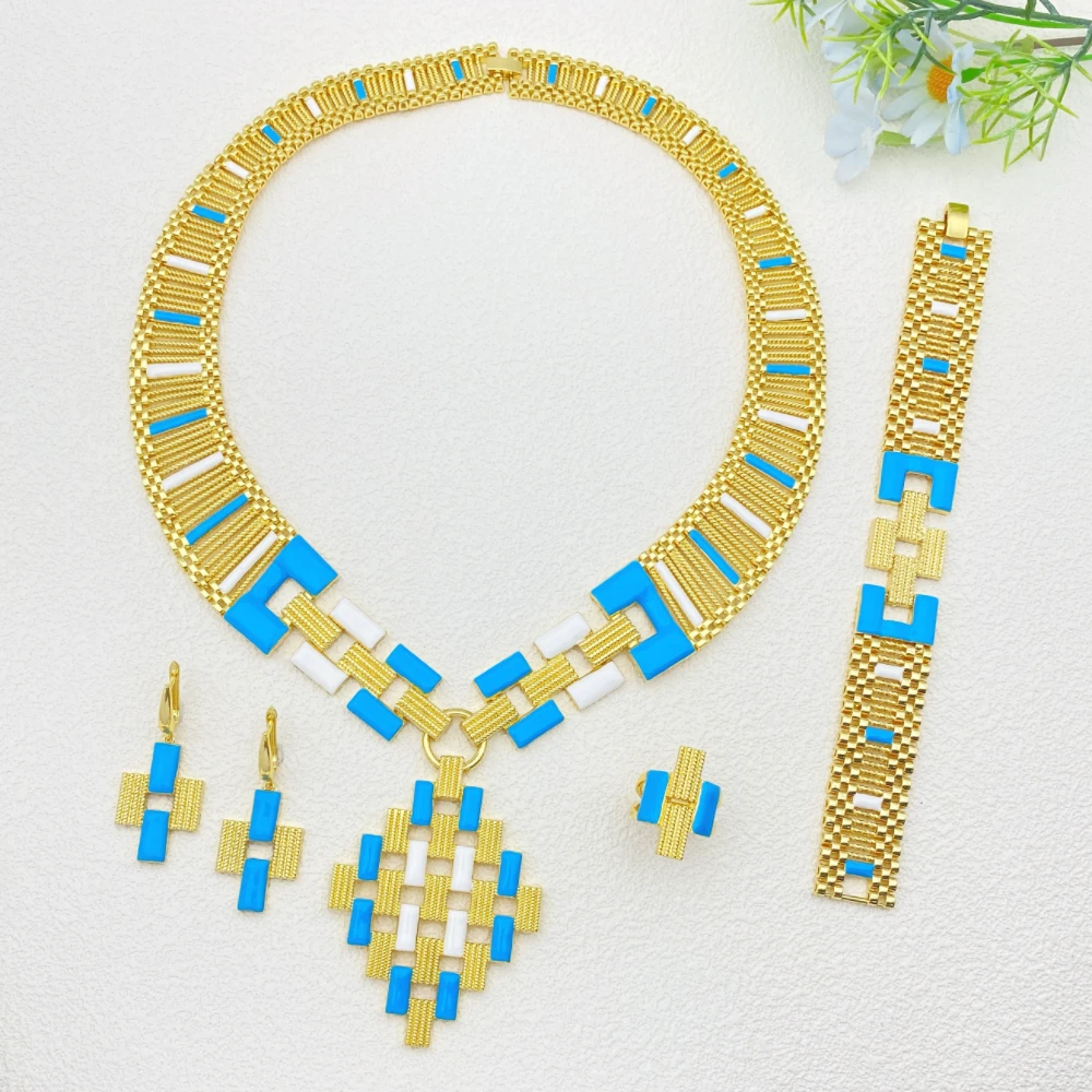 

Falair Gold Plated Jewelry Set for Women Oil Droplet Process Necklace Earrings Bracelet Ring Party Accessory