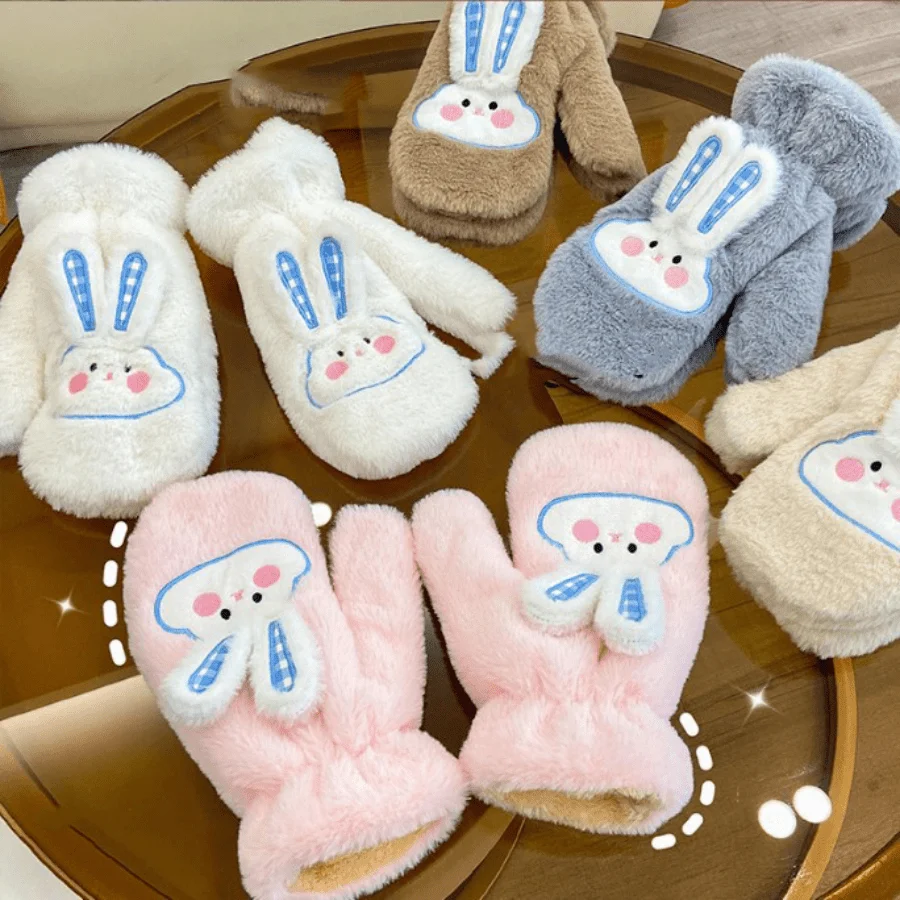 

Rabbit Ear Gloves Plush Thickened Embroidery Design Windproof Warm Winter Mittens for Women Girls Outdoor Riding Cold Weather