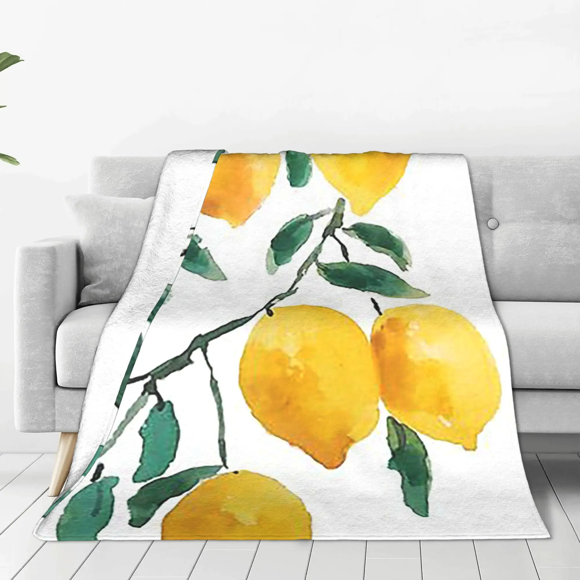 hand painted yellow lemon watercol Blanket Lightweight Flannel Throw Blanket for Home Bedroom Outdoor Throws Bedspread Quilt