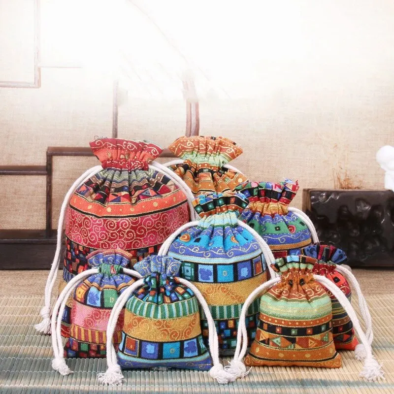 10pcs Ethnic Style Jewelry Bags Drawstring Pouch Candy Snack Gift Bag Retro Bracelet Jewelry Packaging Storage Bags