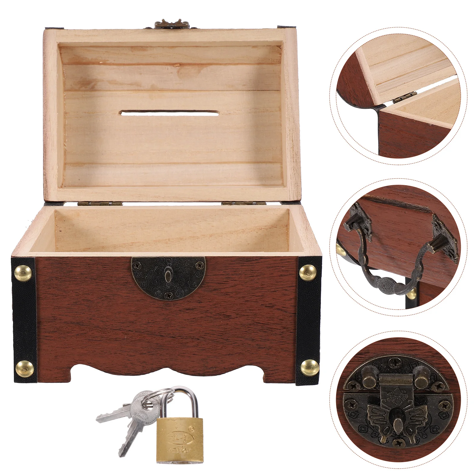 

Retro Money Bank Vintage Case Wood Saving Keepsake Boxes Piggy Coin Container Wooden Lock Child Jewelry