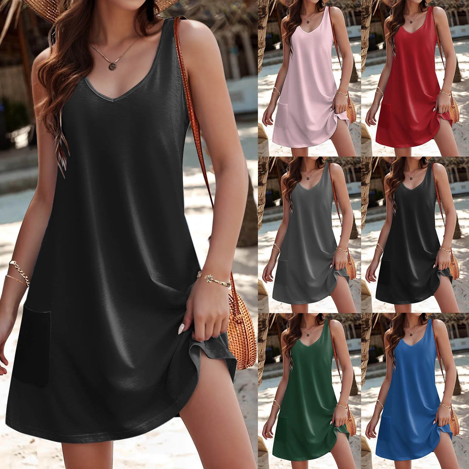 

2024 New Summer Vest Dresses Women Casual Sleeveless Pockets Solid Color Loose Beach Dress V Neck Mini Tank Dresses For Women