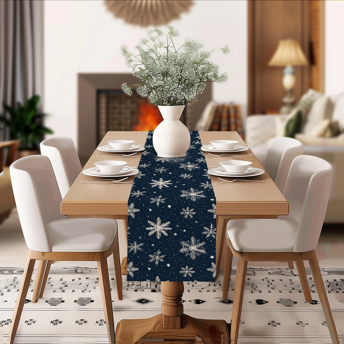 Christmas Silhouettes Snow and Stars Table Runner Polyester Table Runners for Dining Room Cottagecore Polyester Table