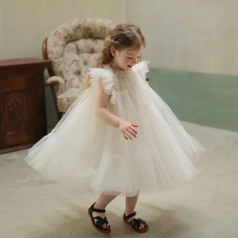 

Gentle style white mesh princess dress for girls, new summer cake dress for children, girl flower girl birthday photo dress