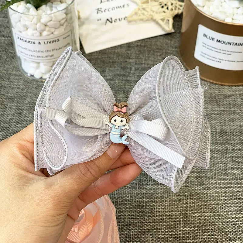 High-End Girls Hair Accessory Big Chiffon Hair Bow Clips For Girls Decorated With Angel Kids Fabric Hairpins