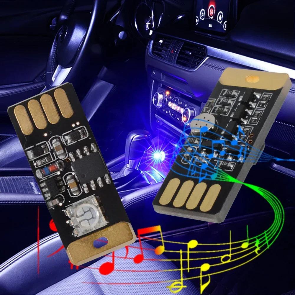 1pcs Car USB LED DC 5V Music Playing Dimmable Light Atmosphere Decorative Lamp Lighting Portables Plug Play RGB Voices Activated