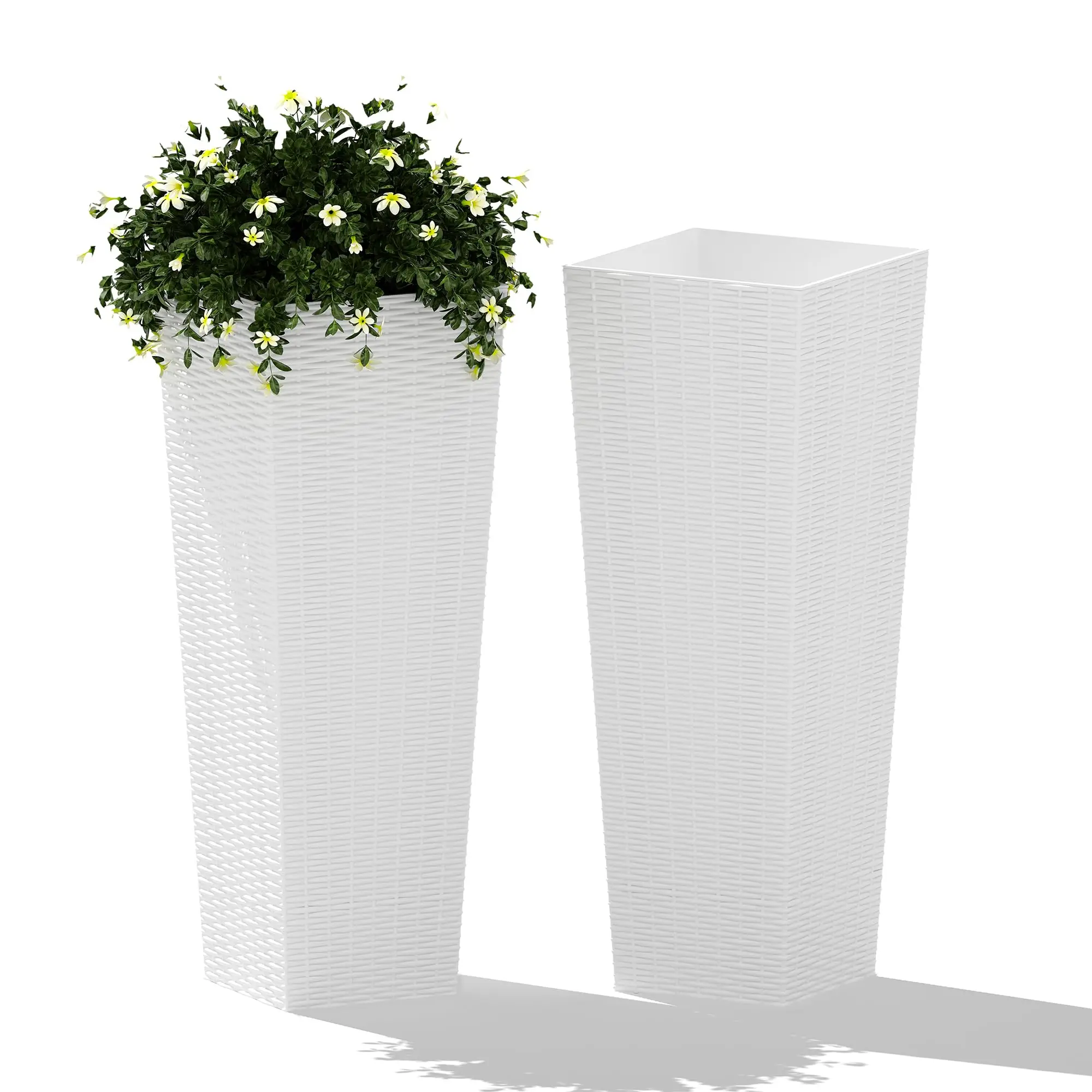 Set di 2 fioriere in rattan nero, adatte a tutte le condizioni atmosferiche – fioriere da esterno alte 24 e 32 pollici, con vasi interni rimovibili, fori di drenaggio, ideali per piante da giardino,