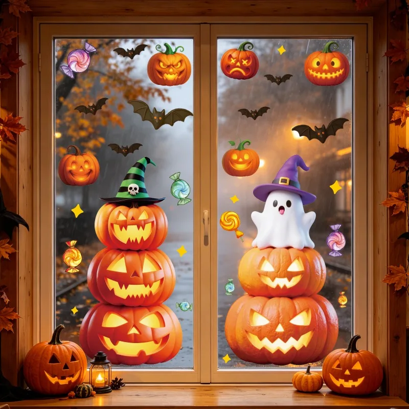 2pcs Halloween Static Window Stickers Cute Stacked Pumpkin Ghost Bat Candy Window Clings Removable Halloween Party Home Decor