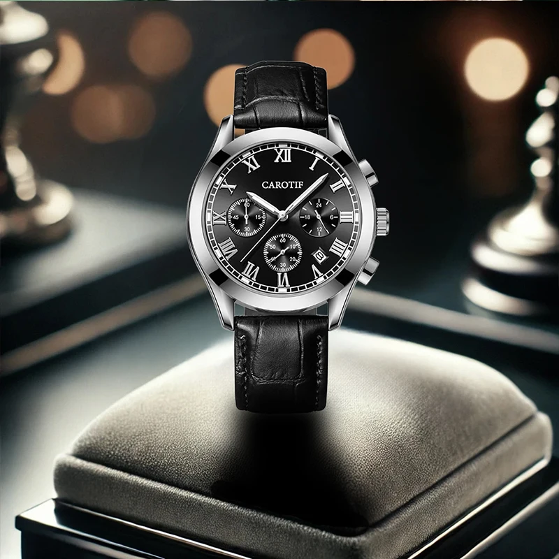 

A men's black strap minimalist business Roman numeral date display quartz watch