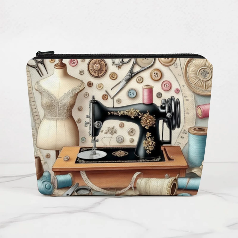Vintage Sewing Machine&Fabric Printing Cosmetic Bag Zippered Makeup Organizer Pouch Lightweight Foldable Travel Case Storage Bag