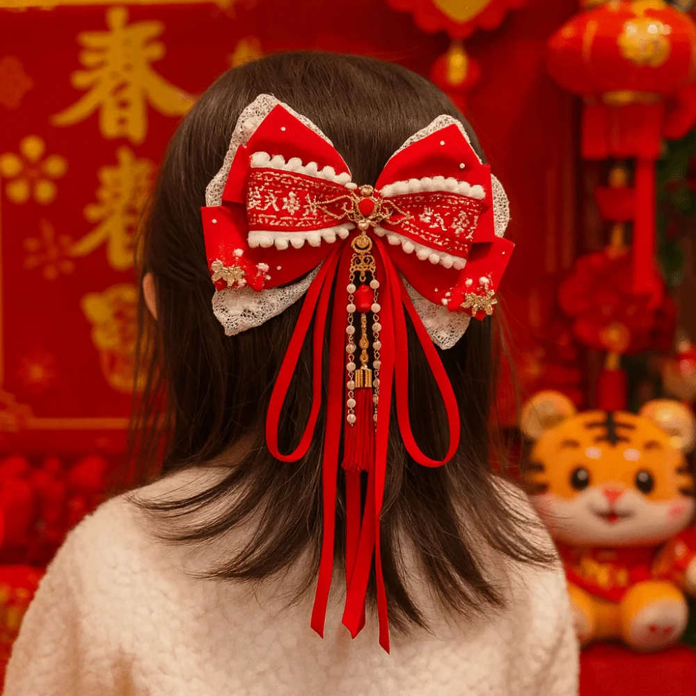 

Holiday Red Bow Ribbon Hair Clip Tassel New Year Hairpin Pompom Flower Hanfu Hair Ornamen Festival