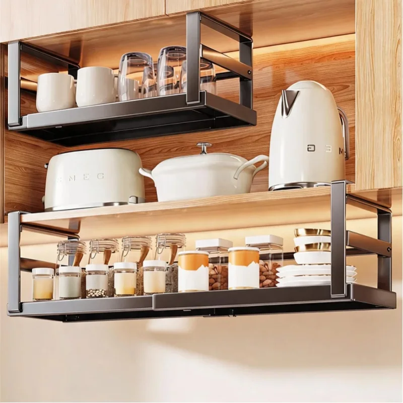 Ohne Bohren, Regal für unter dem Schrank, Tischregal, ausziehbares Metallregal, Regal für unter dem Schrank, schwarzes, verstellbares, ausziehbares Regal, 27–45 cm, für Küchenschrank, Tischgeschirr,