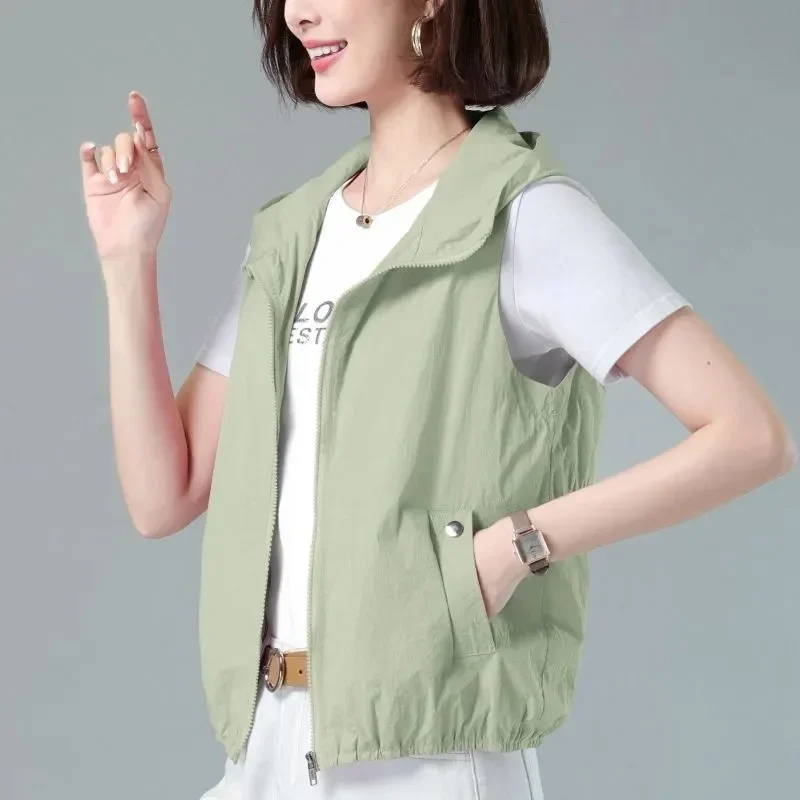 Spring Summer Thin Hooded Sun Protection Vest Women's Jacket New Zipper Short Sleeveless Jacket Casual Female Tops Chaleco Mujer