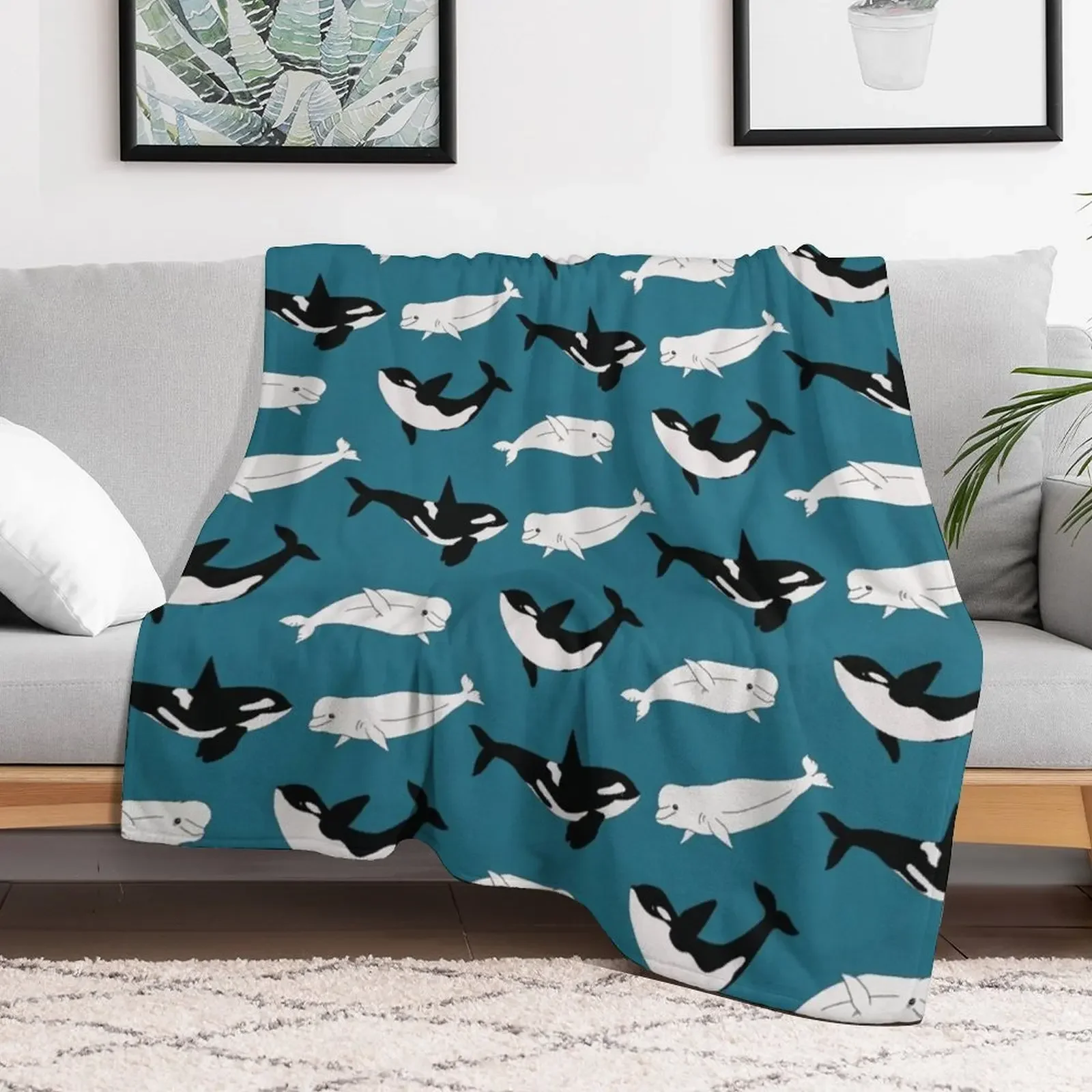 Belugas & Orcas on Teal Throw Blanket Fade Resistant Durable Throw Blanket