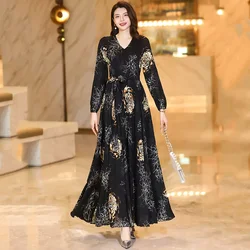 New Women Spring Summer Print Long Dress Fashion V-Neck Long Sleeve Slim Dress Elegant Flowing Holiday Overlength Dress