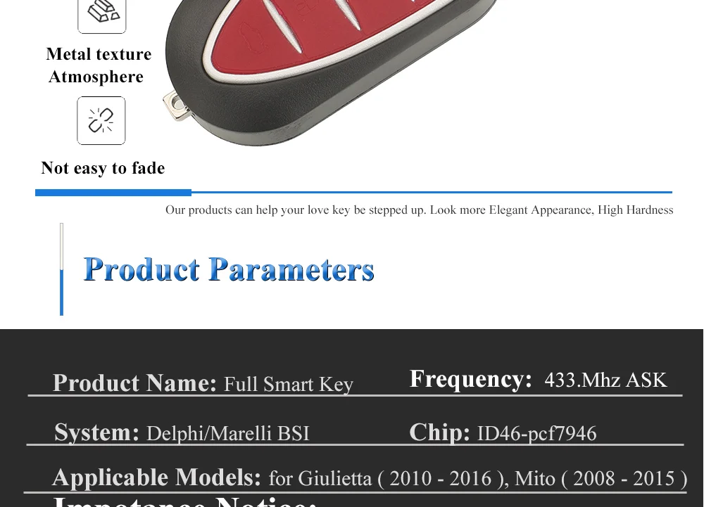 Jingyuqin Fernbedienungs-Klappschlüssel mit 3 Tasten für Alfa Romeo 147 159 Mito GTA 2009-2017 Giulietta 2010-2016 433Mhz ASk ID46-PCF7946 – Detail 5