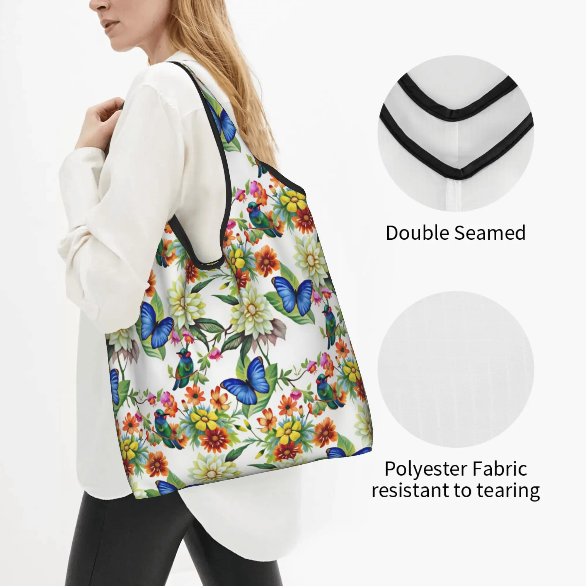 High Watercolor Birds And Plant Flowers Groceries Shopping Bags Fashion Shopper Tote Shoulder Bag Big Capacity Portable  Handbag