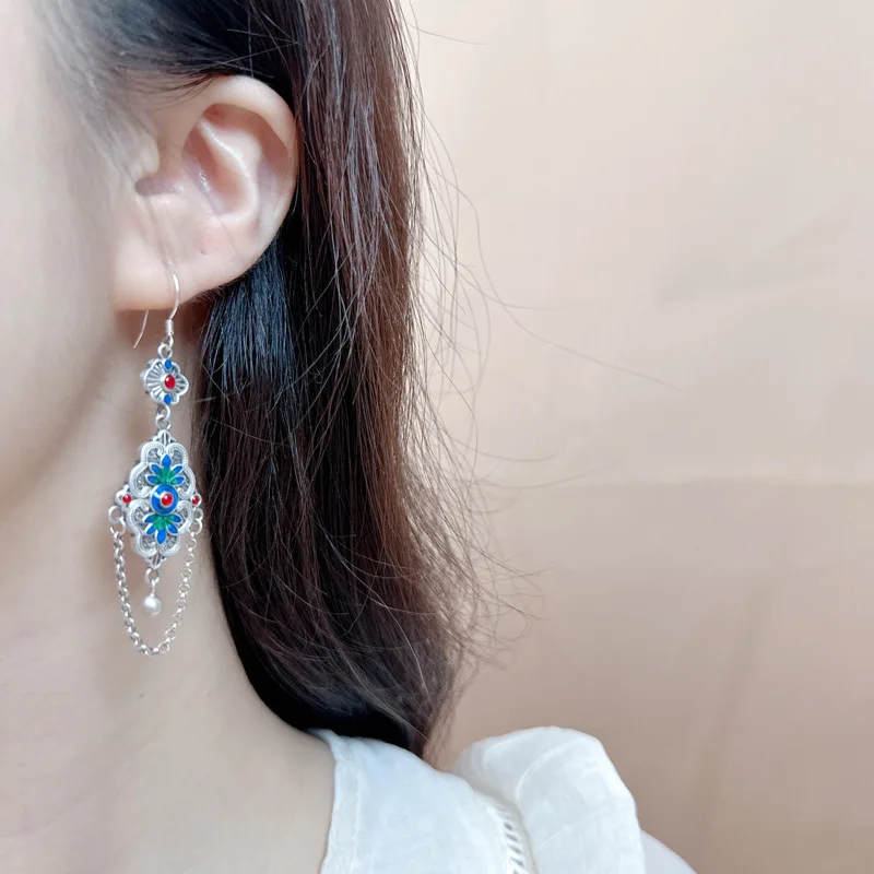 Langyan 925 Sterling Silver Enamel Flower Tassel Earrings Female Retro Ethnic Style Blue Hollow Long Drop Earring Women Jewelry