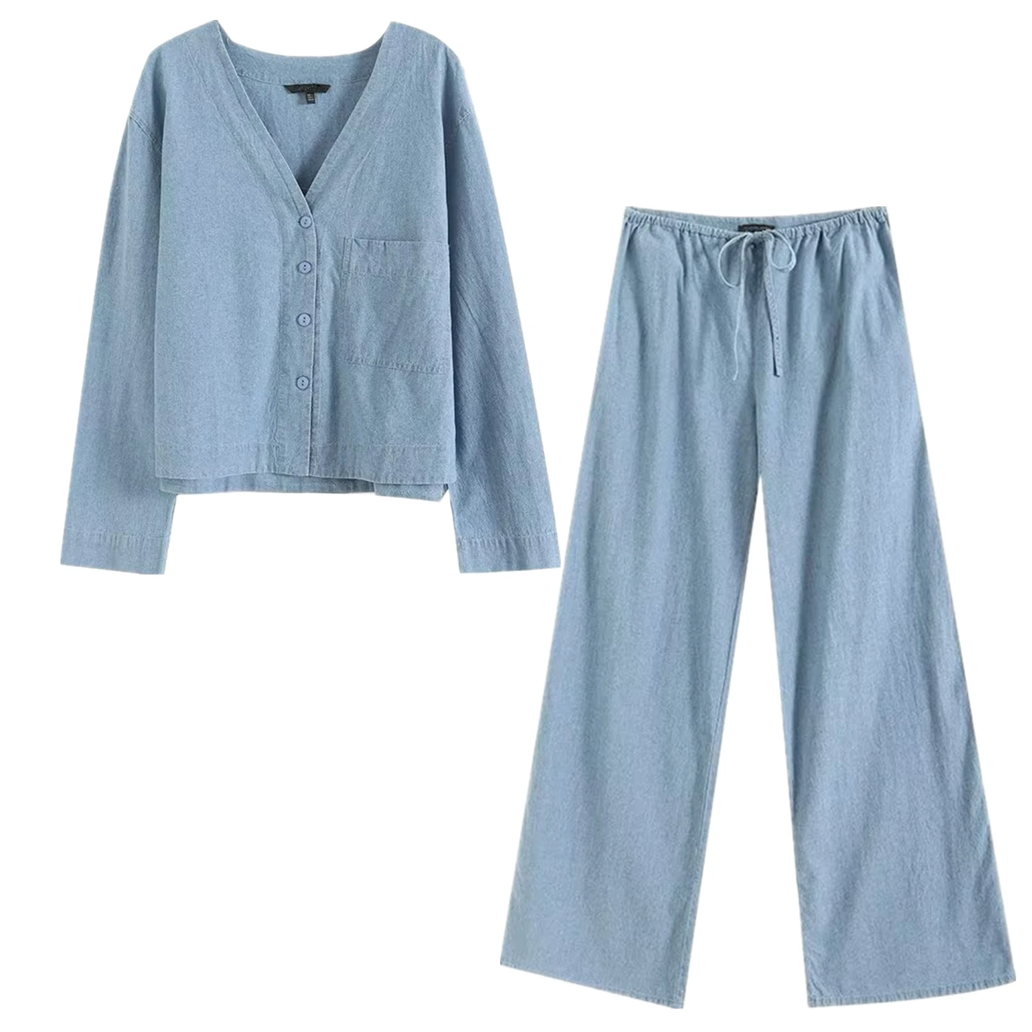 

Withered Lazy Style Casual Pants Suits Women Fashion Two Pieces Sets Sky Blue Loose Shirt Minimalist Women's Sets