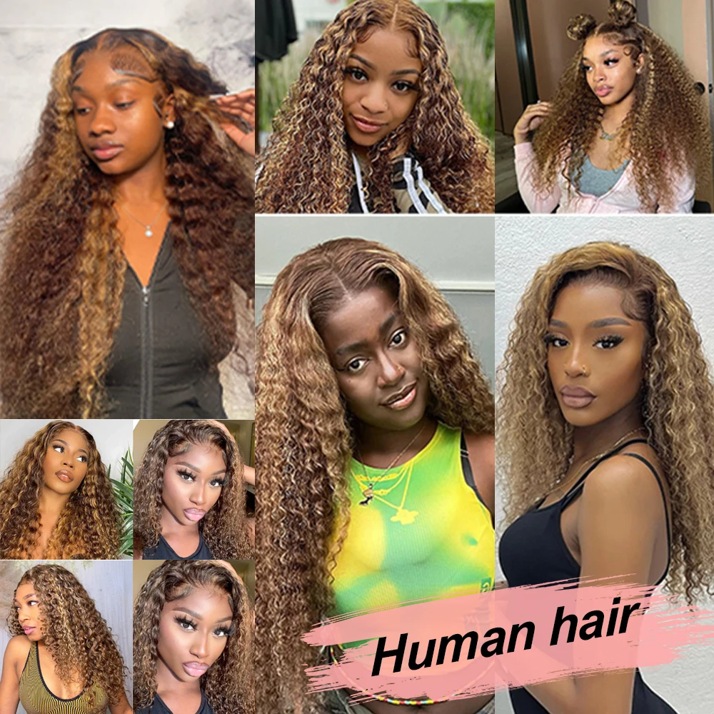 Perruque Lace Closure Wig sans colle bouclée ombrée, cheveux naturels, Deep Wave, pre-plucked, 7x5, à reflets, 4/27 de densité, prête à porter, pour femmes