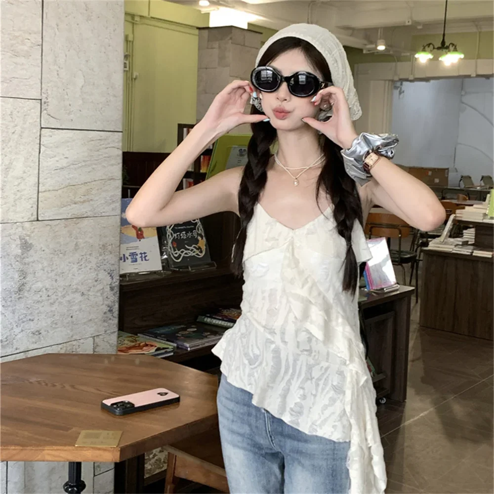 

Женская одежда, сексуальные рубашки без рукавов, 2025 г., однотонные летние топы с тонкой талией, корейские модные майки с нерегулярными оборками, блузки