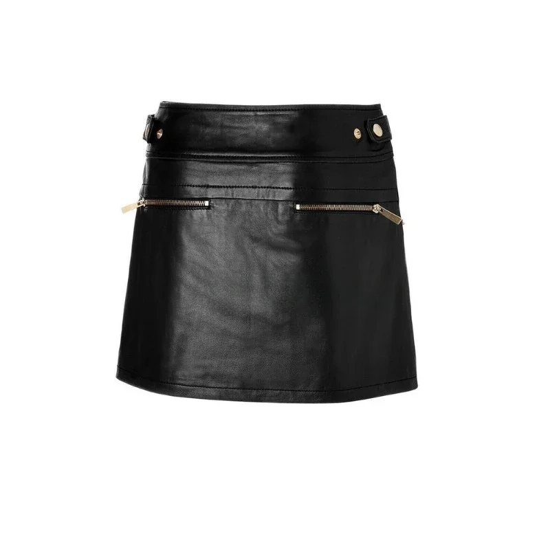 Stylish Women Black Zip Up Mini Skirt Authentic Lambskin Pure Leather Skirt