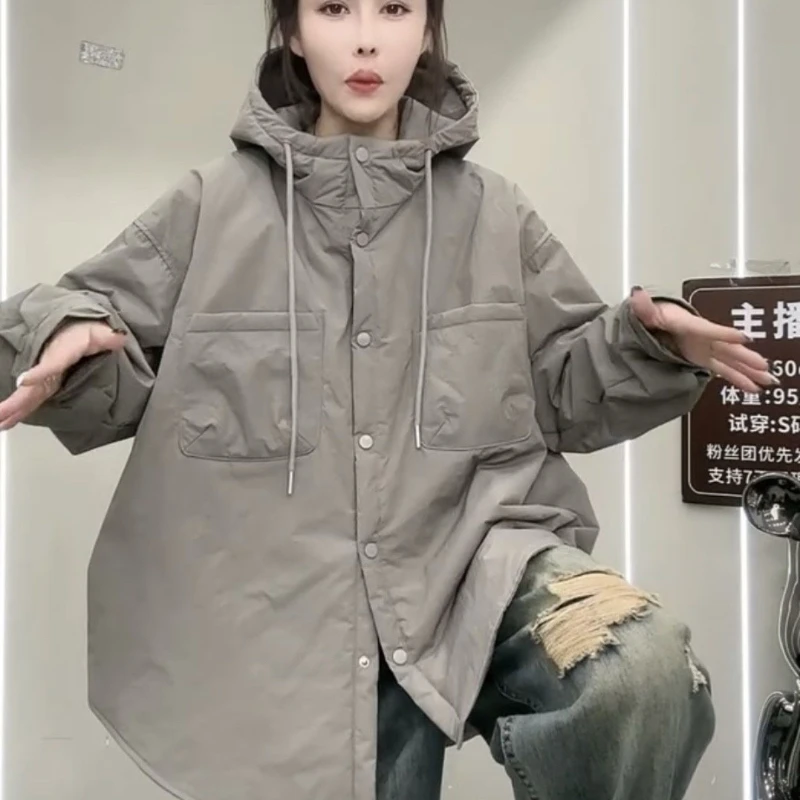 

Autumn Winter Mid-Long Hooded Cotton Coat Women 2026 New Fashion Loose Casual Pure Colour Button Grey Outerwear Female