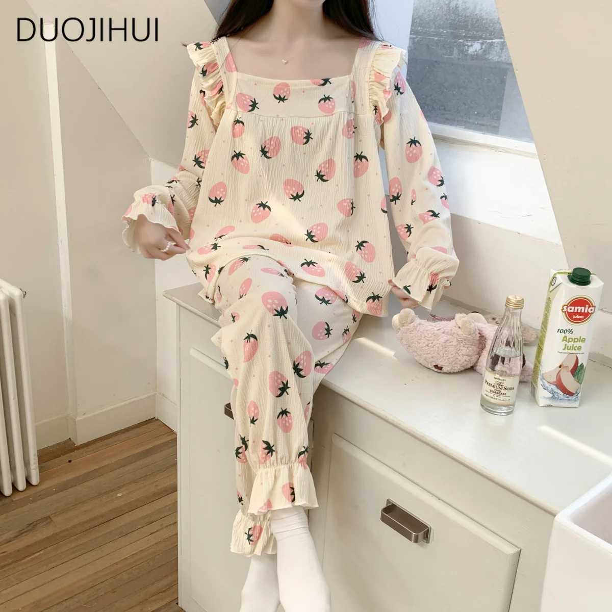 DUOJIHUI Spring Two Piece Sweet Basic Female Pajamas Sets Chic Long Sleeve Pullover Simple Pant Fashion Casual Pajamas for Women