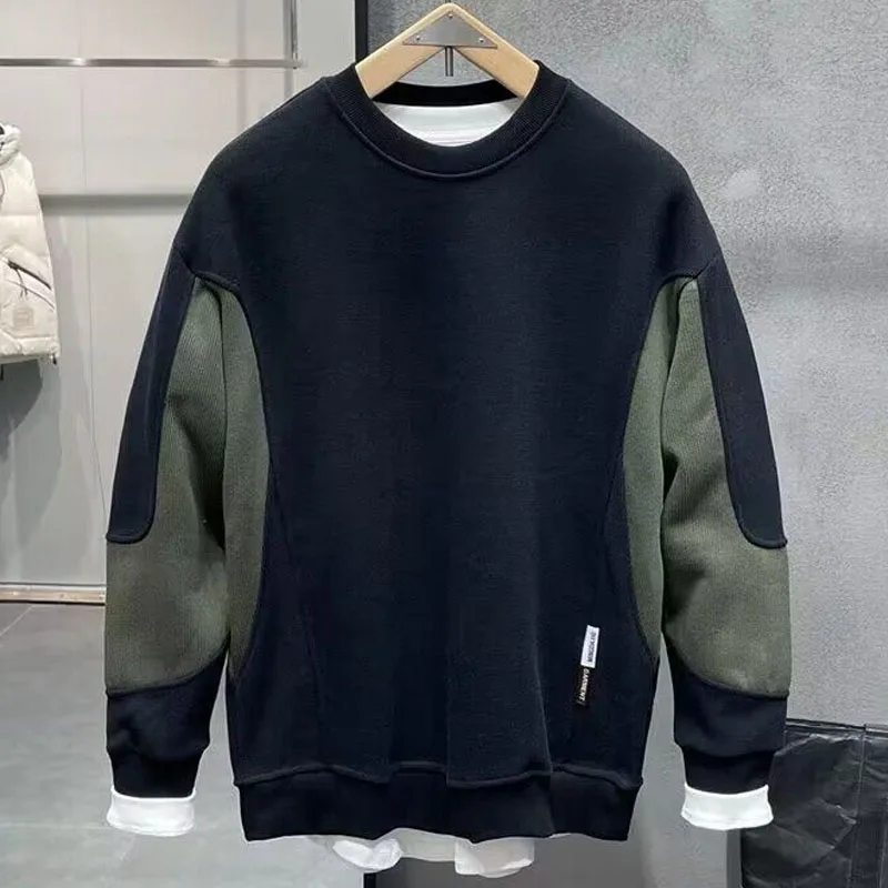 New Autumn Fashion Trend Patchwork Round Neck Pullover with Contrasting Colors and Versatile Casual Men\'s Long Sleeved Sweater